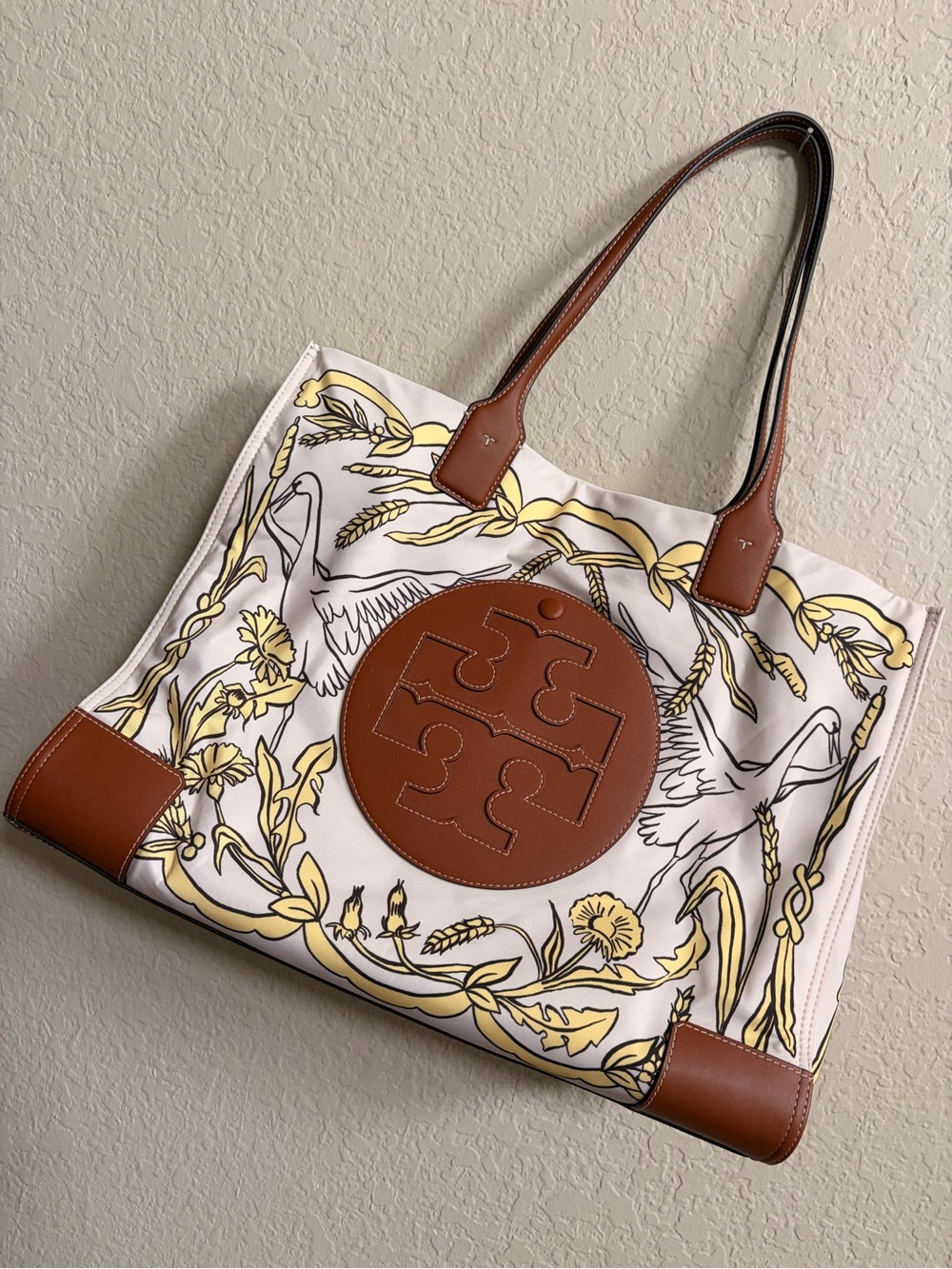 Tory Burch Cream, Tan & Yellow Floral Canvas Tote - Picture 3 of 7